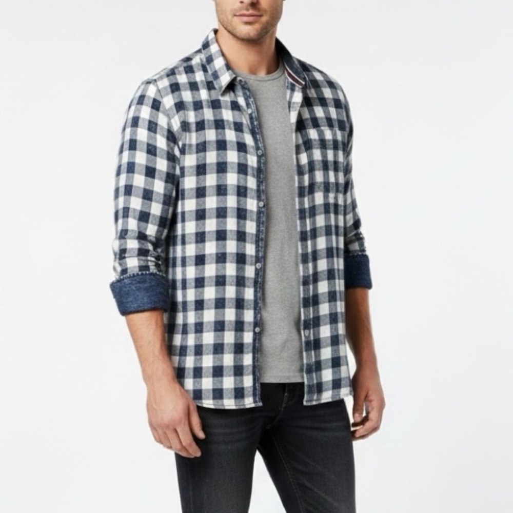 SUN&STONE Gingham Plaid Blue Chambray Denim Look Button Down Flannel Shirt XL